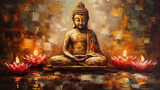 oil painting of buddha statue with lotus flower and candle ornament ,generative ai
