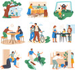 © ssstocker - Parents spending time. Parent teen child friendship and trust, dad kid son mother spend holiday together at house family cooking fun playing or talking, recent vector illustration