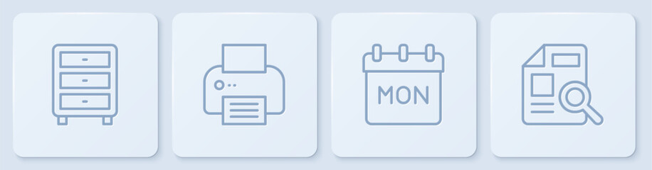 Poster - Set line Archive papers drawer, Calendar, Printer and Document with graph chart. White square button. Vector