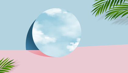 Wall Mural - 3D Cosmetic product display podium with Clouds,Blue sky reflection on Mirror.Vector Empty Blue,Pink Studio Room with coconut palm leaves,Banner Presentation for Skincare, Beauty on Spring,Summer