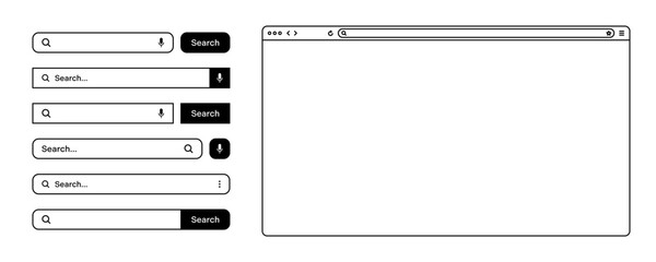 Fototapete - Blank web browser, internet page window with toolbar and search bar, field. Modern website in flat style, line art. Browser mockup for computer, tablet and smartphone. Vector illustration