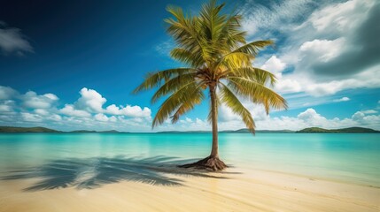 Wall Mural - Tropical beach with palm tree white sand and turquoise water, generative  ai
