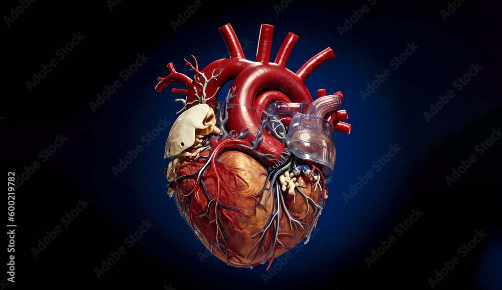 A highly detailed and realistic medical image of a human heart, shown ...