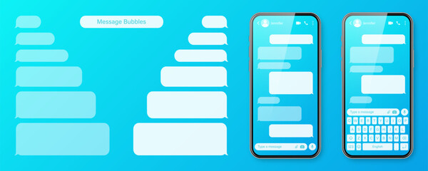 Realistic smartphone with messaging app on colorful blue background. Blank SMS text frame. Chat screen with transparent message bubbles. Social media application. Vector illustration