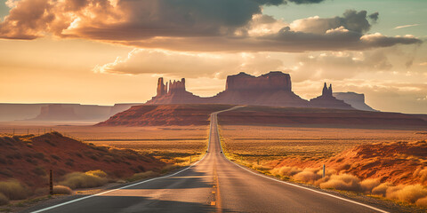 Desert road leading to Monument Valley at sunset generative ai 