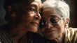 © Roman - Old women lesbian couple. Black and Caucasian female in love. LGBT pride month celebration generative ai