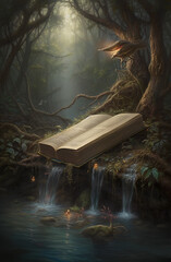Wall Mural - Generative AI: Book of fantastic adventures surrounded by magic forest it tells