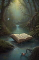 Wall Mural - Generative AI: Book of fantastic adventures surrounded by magic forest it tells