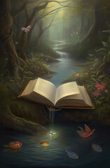 Wall Mural - Generative AI: Book of fantastic adventures surrounded by magic forest it tells