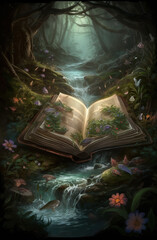 Wall Mural - Generative AI: Book of fantastic adventures surrounded by magic forest it tells