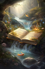 Wall Mural - Generative AI: Book of fantastic adventures surrounded by magic forest it tells