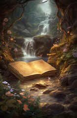 Wall Mural - Generative AI: Book of fantastic adventures surrounded by magic forest it tells
