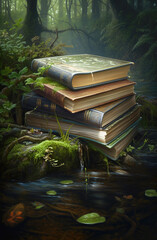 Wall Mural - Generative AI: Book of fantastic adventures surrounded by magic forest it tells