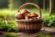 Collected Porcini Mushrooms In A Basket In The Forest (Generative AI, Generativ, KI)
