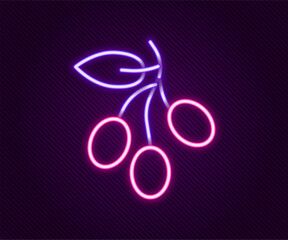 Sticker - Glowing neon line Olives branch icon isolated on black background. Colorful outline concept. Vector