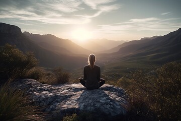 Fototapete - Mountain Meditation: A female woman doing yoga on a mountaintop with a beautiful landscape in the background. Generative Ai.