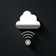 Poster - Silver Network cloud connection icon isolated on black background. Social technology. Cloud computing concept. Long shadow style. Vector