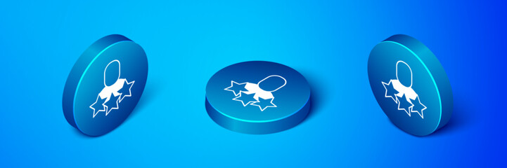 Sticker - Isometric Productive human icon isolated on blue background. Idea work, success, productivity, vision and efficiency concept. Blue circle button. Vector