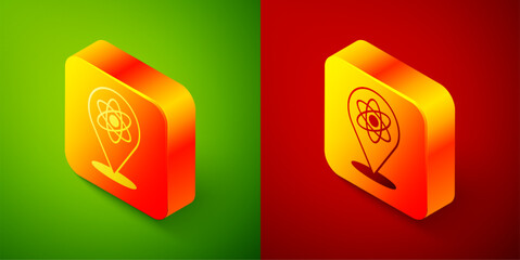 Sticker - Isometric Atom icon isolated on green and red background. Symbol of science, education, nuclear physics, scientific research. Square button. Vector