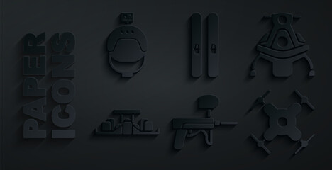 Poster - Set Paintball gun, Snowmobile, Formula 1 racing car, Drone flying, Ski and sticks and Helmet action camera icon. Vector