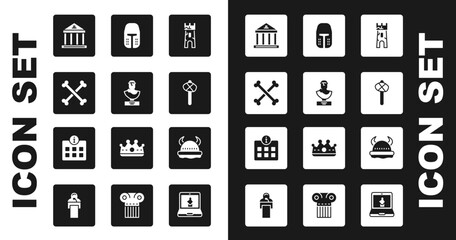 Poster - Set Castle tower, Ancient bust sculpture, Crossed human bones, Museum building, Stone age hammer, Medieval iron helmet, Viking horned and Information icon. Vector