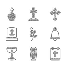 Sticker - Set Willow leaf, Coffin, Calendar with Easter, Church bell, Christian chalice, Grave tombstone, cross and church tower icon. Vector