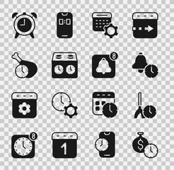 Canvas Print - Set Time is money, Cleaning time, Alarm clock, Calendar settings, chess, Food, and app mobile icon. Vector