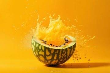 Wall Mural - Explosion of taste, melon on a yellow background in a splash of juice, refreshing juicy fruit, AI Generated