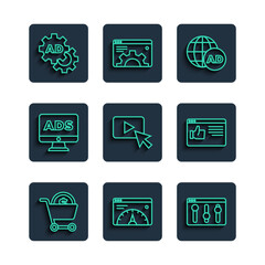 Poster - Set line Shopping cart and dollar, Website statistic, Browser setting, Advertising, and window icon. Vector