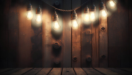 Wall Mural - dark wooden background illuminated by retro light bulbs, with copy space