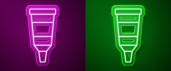 Wall Mural - Glowing neon line Tube with paint palette icon isolated on purple and green background. Vector