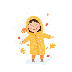 Wall Mural - Adorable little girl in raincoat walking in autumn park. Happy kid playing outdoors cartoon vector illustration