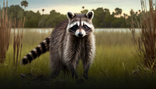 Raccoon Standing On Green Grass In Middle Of Field In County Park In Florida