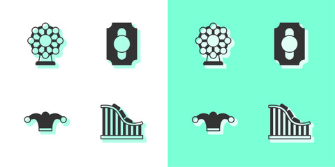 Sticker - Set Roller coaster, Ferris wheel, Jester hat with bells and Circus ticket icon. Vector