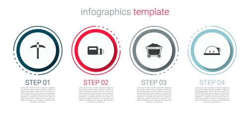 Sticker - Set Pickaxe, Flashlight, Mine coal trolley and Miner helmet. Business infographic template. Vector