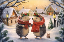 Cute Cartoon Hedgehogs In Christmas Background Of Winter New Year Village Concept Greeting Christmas Card Generative AI