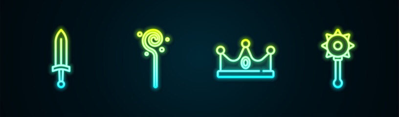 Sticker - Set line Medieval sword, Magic staff, King crown and chained mace ball. Glowing neon icon. Vector