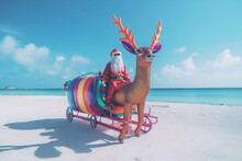 Creative Illustration Of Santa Claus On A Futuristic Deer Colored Colorful Christmas And New Year Concept Generative AI