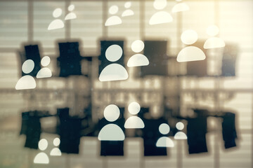 Poster - Abstract virtual social network hologram on a modern coworking room background. Double exposure