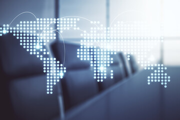 Poster - Abstract virtual world map with connections on a modern conference room background, international trading concept. Multiexposure
