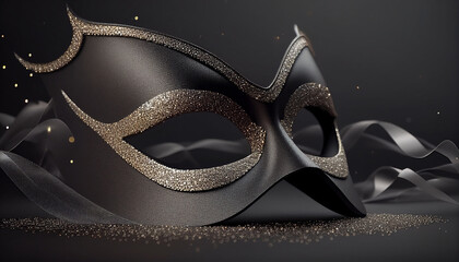 Wall Mural - Elegant costume masquerade black mask w ribbons luxurious backdrop of glitter, sparkle, photography style for beautiful festive holiday invitations announcements flyers (generative AI, AI) 