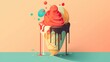 Illustration of ice cream in a waffle cone. Summer sweet cool food. Created with Generative AI technology.