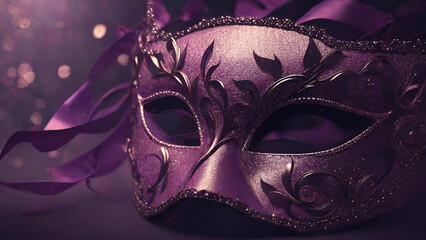 Wall Mural - Elegant costume masquerade jewel purple mask w ribbons luxurious backdrop of glitter, sparkle, photography style for beautiful festive holiday invitations announcements flyers (generative AI, AI) 