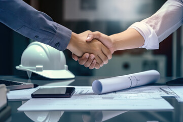 Successful deal shaking hands with client in construction site created with Generative AI technology