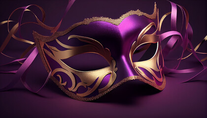 Wall Mural - Elegant costume masquerade jewel purple mask w ribbons luxurious backdrop of glitter, sparkle, photography style for beautiful festive holiday invitations announcements flyers (generative AI, AI) 