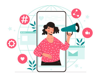 Poster - social media marketing concept. woman with megaphone in smartphone on background of globe. advertisi