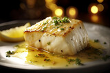 Fototapeta Koty - Grilled halibut with lemon butter and herbs on plate in beautiful lighting created with Generative AI technology