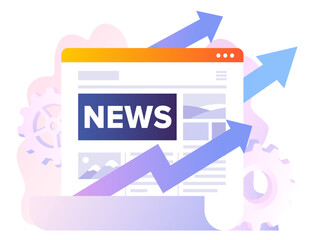 Poster - concept of news. information and knowledge, mass media. newspaper with growing arrows. trading stock