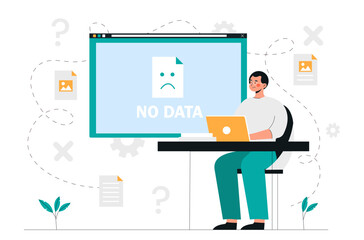Poster - no data concept. man behind laptop looks sadly at screen. no files in archive and electronic storage