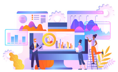 Poster - seo analytics concept. man with magnifying glass and women evaluate graphs and charts. statistics an